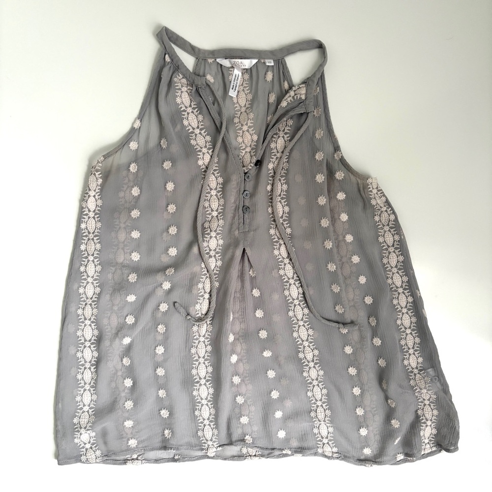 Anthropologie‎ Zoa | Women’s Gray Embroidered Sleeveless Sheer Top Size XS